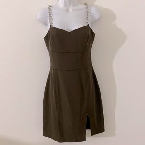 Brown mini dress with slit and chain straps